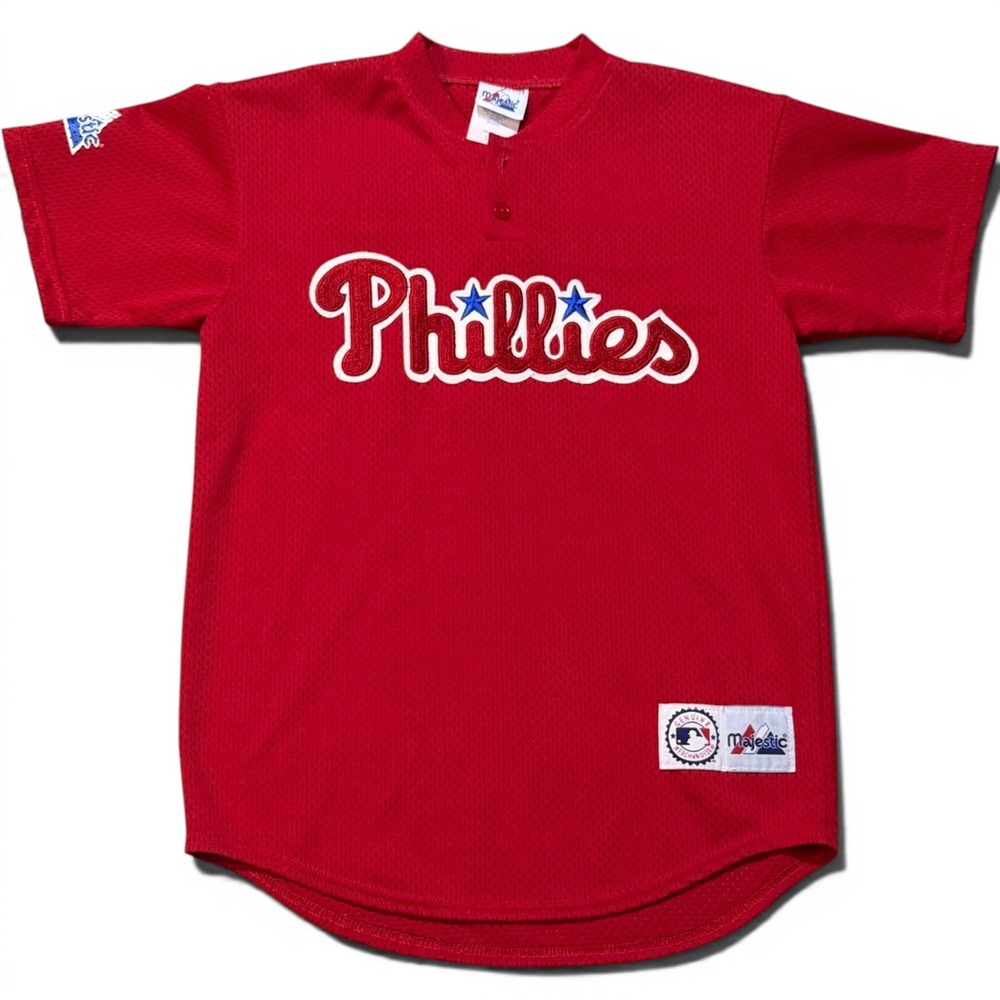Vintage Y2K Phillies Majestic MLB Mesh Batting Practice Jersey Made USA Large Re